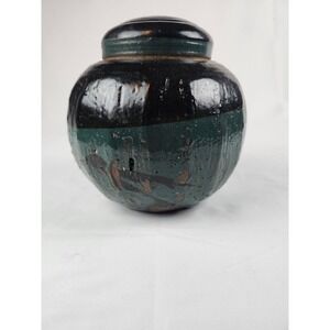 Big Studio Pottery Ginger Jar Lidded Canister Green Black Glaze Signed NS Decor‎